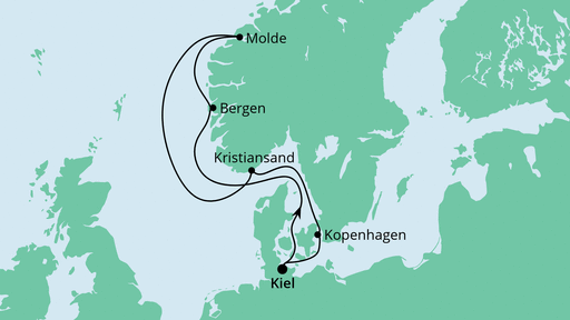 Routenverlauf für Norwegen ab Kiel mit AIDAcosma am 19.06.21 Routenverlauf für Norwegen ab Kiel mit AIDAcosma am 19.06.21
