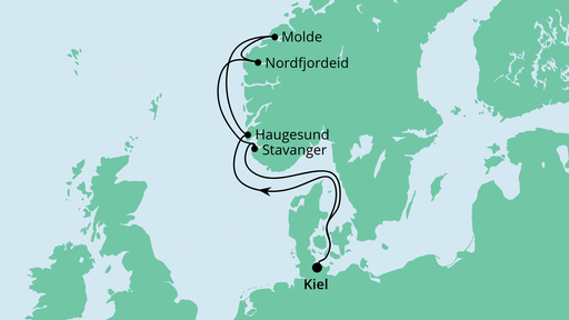 Routenverlauf für Norwegen ab Kiel mit AIDAcosma am 31.07.21