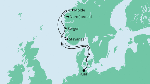 Routenverlauf für Norwegen ab Kiel mit AIDAcosma am 09.10.21 Routenverlauf für Norwegen ab Kiel mit AIDAcosma am 09.10.21