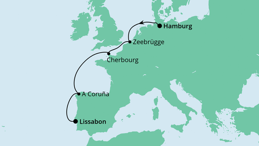 Routenverlauf für Weihnachtsreise von Hamburg nach Lissabon mit AIDAcosma am 22.12.21 Routenverlauf für Weihnachtsreise von Hamburg nach Lissabon mit AIDAcosma am 22.12.21