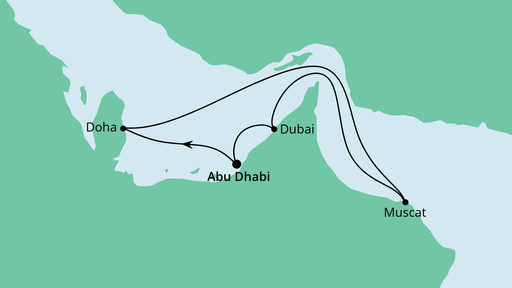 Routenverlauf für Orient ab Abu Dhabi mit AIDAcosma am 11.12.22 Routenverlauf für Orient ab Abu Dhabi mit AIDAcosma am 11.12.22