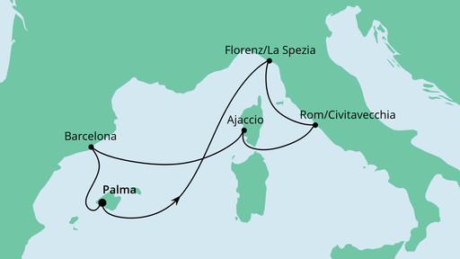 Routenverlauf für Mediterrane Schätze ab Mallorca mit AIDAcosma am 12.08.23 Routenverlauf für Mediterrane Schätze ab Mallorca mit AIDAcosma am 12.08.23