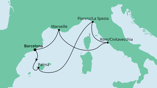 Routenverlauf für Mediterrane Schätze ab Barcelona mit AIDAcosma am 20.10.23