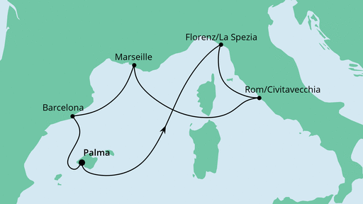 Routenverlauf für Mediterrane Schätze ab Mallorca mit AIDAcosma am 21.10.23
