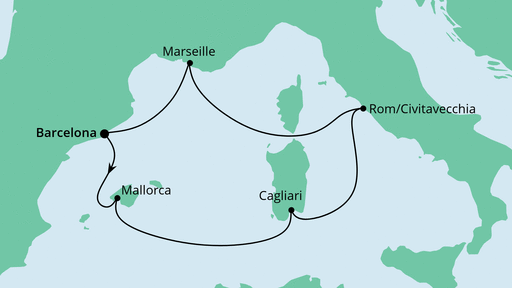 Routenverlauf für Mediterrane Schätze ab Barcelona 2 mit AIDAcosma am 27.10.23 Routenverlauf für Mediterrane Schätze ab Barcelona 2 mit AIDAcosma am 27.10.23