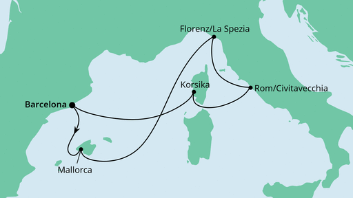 Routenverlauf für Mediterrane Schätze ab Barcelona mit AIDAcosma am 03.11.23