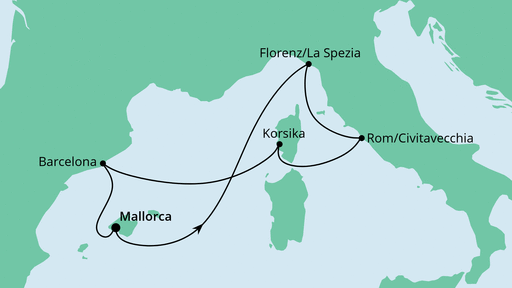 Routenverlauf für Mediterrane Schätze ab Mallorca mit AIDAcosma am 04.11.23 Routenverlauf für Mediterrane Schätze ab Mallorca mit AIDAcosma am 04.11.23