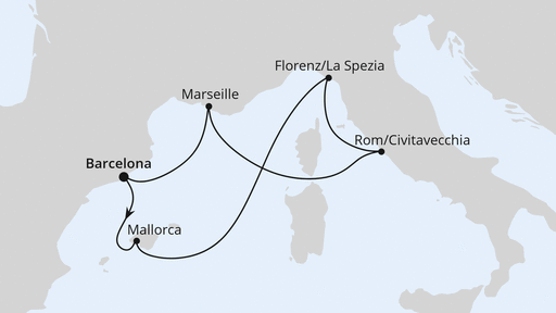 Routenverlauf für Mediterrane Schätze ab Barcelona 2 mit AIDAcosma am 10.11.23 Routenverlauf für Mediterrane Schätze ab Barcelona 2 mit AIDAcosma am 10.11.23