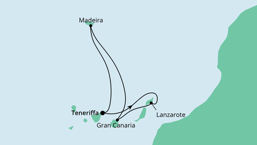 Routenverlauf für Kanaren & Madeira ab Teneriffa mit AIDAcosma am 29.11.23 Routenverlauf für Kanaren & Madeira ab Teneriffa mit AIDAcosma am 29.11.23