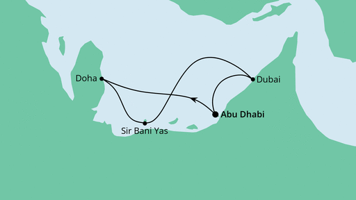 Routenverlauf für Orient ab Abu Dhabi mit AIDAcosma am 11.02.24 Routenverlauf für Orient ab Abu Dhabi mit AIDAcosma am 11.02.24