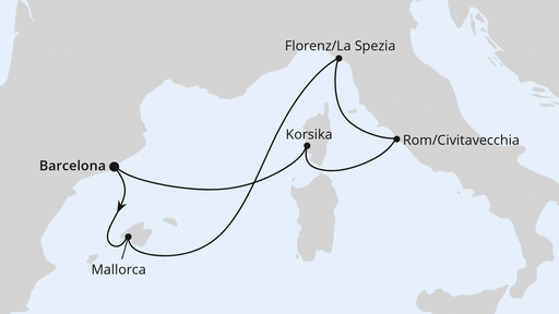 Routenverlauf für Mediterrane Schätze ab Barcelona mit AIDAcosma am 25.10.24