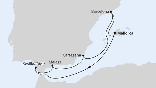 Routenverlauf für Spanische Mittelmeerküste ab Mallorca mit AIDAcosma am 12.04.25 Routenverlauf für Spanische Mittelmeerküste ab Mallorca mit AIDAcosma am 12.04.25