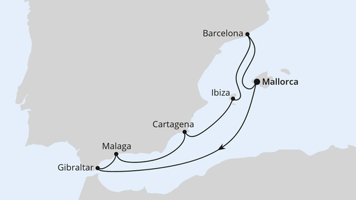 Routenverlauf für Mediterrane Schätze mit Gibraltar ab Mallorca mit AIDAcosma am 24.05.25