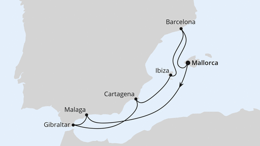 Routenverlauf für Mediterrane Schätze mit Gibraltar ab Mallorca mit AIDAcosma am 05.07.25