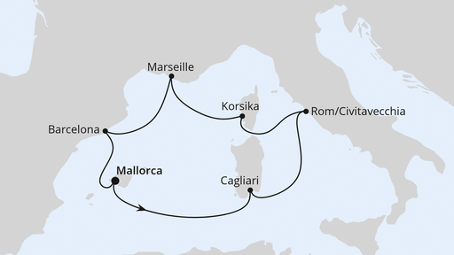 Routenverlauf für Mediterrane Schätze mit Sardinien ab Mallorca mit AIDAcosma am 30.08.25