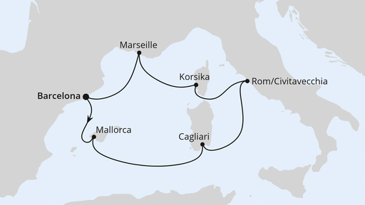 Routenverlauf für Mediterrane Schätze mit Sardinien ab Barcelona mit AIDAcosma am 12.09.25