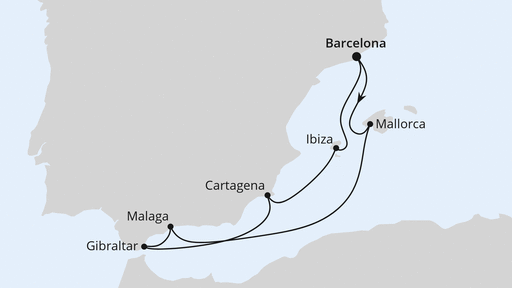 Routenverlauf für Mediterrane Schätze mit Gibraltar ab Barcelona mit AIDAcosma am 26.09.25