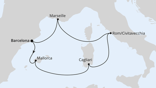 Routenverlauf für Mediterrane Schätze mit Sardinien ab Barcelona mit AIDAcosma am 10.10.25