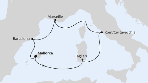 Routenverlauf für Mediterrane Schätze mit Sardinien ab Mallorca mit AIDAcosma am 11.10.25