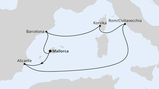 Routenverlauf für Osterreise durchs Mittelmeer ab Mallorca mit AIDAcosma am 04.04.26 Routenverlauf für Osterreise durchs Mittelmeer ab Mallorca mit AIDAcosma am 04.04.26
