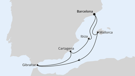 Routenverlauf für Mediterrane Schätze mit Gibraltar ab Barcelona mit AIDAcosma am 05.06.26