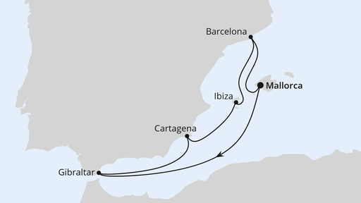 Routenverlauf für Mediterrane Schätze mit Gibraltar ab Mallorca mit AIDAcosma am 06.06.26