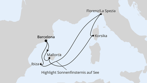 Routenverlauf für Zur Sonnenfinsternis im Mittelmeer ab Barcelona mit AIDAcosma am 07.08.26
