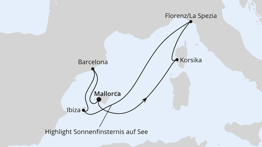 Routenverlauf für Zur Sonnenfinsternis im Mittelmeer ab Mallorca mit AIDAcosma am 08.08.26 Routenverlauf für Zur Sonnenfinsternis im Mittelmeer ab Mallorca mit AIDAcosma am 08.08.26