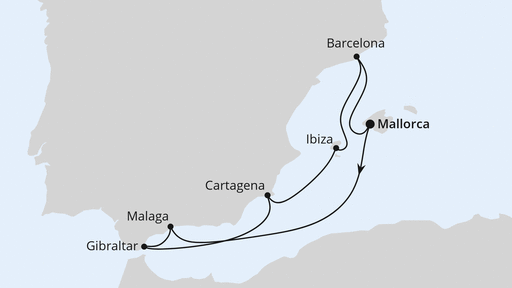 Routenverlauf für Mediterrane Schätze mit Gibraltar ab Mallorca mit AIDAcosma am 10.10.26