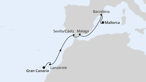 Routenverlauf für Kanaren & Andalusien ab Gran Canaria 1 mit AIDAcosma am 24.04.27 Routenverlauf für Kanaren & Andalusien ab Gran Canaria 1 mit AIDAcosma am 24.04.27