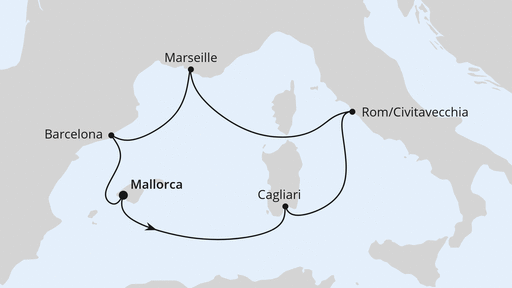 Routenverlauf für Mediterrane Schätze mit Sardinien ab Mallorca mit AIDAcosma am 17.07.27