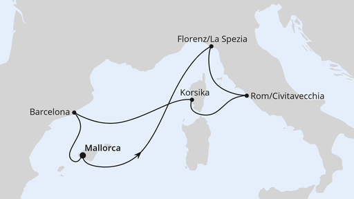 Routenverlauf für Mediterrane Schätze mit Korsika ab Mallorca mit AIDAcosma am 24.07.27 Routenverlauf für Mediterrane Schätze mit Korsika ab Mallorca mit AIDAcosma am 24.07.27