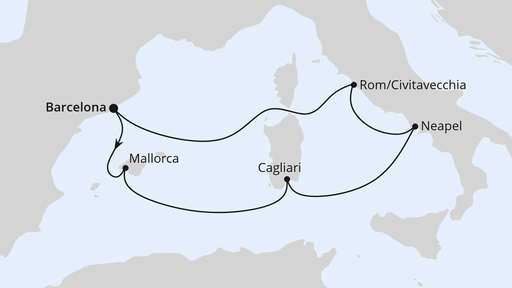 Routenverlauf für Mediterrane Schätze mit Sardinien ab Barcelona mit AIDAcosma am 08.10.27