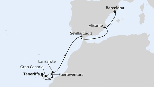 Routenverlauf für Von Teneriffa nach Barcelona mit AIDAcosma am 08.04.26