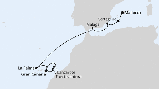 Routenverlauf für Andalusien & Kanaren ab Mallorca 2 mit AIDAcosma am 03.12.26