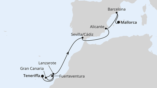 Routenverlauf für Von Teneriffa nach Mallorca mit AIDAcosma am 02.04.25 Routenverlauf für Von Teneriffa nach Mallorca mit AIDAcosma am 02.04.25