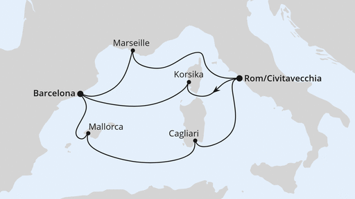 Routenverlauf für Spanien, Frankreich & Italien ab Civitavecchia 2 mit AIDAcosma am 20.10.26