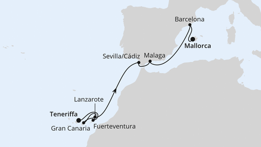 Routenverlauf für Kanaren & Andalusien ab Teneriffa 2 mit AIDAcosma am 21.04.27 Routenverlauf für Kanaren & Andalusien ab Teneriffa 2 mit AIDAcosma am 21.04.27