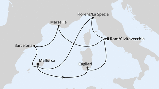 Routenverlauf für Spanien, Frankreich & Italien ab Mallorca 2 mit AIDAcosma am 17.07.27 Routenverlauf für Spanien, Frankreich & Italien ab Mallorca 2 mit AIDAcosma am 17.07.27