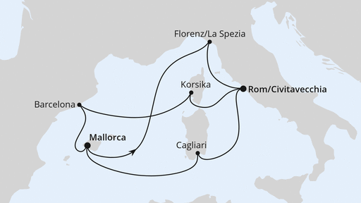 Routenverlauf für Spanien, Frankreich & Italien ab Mallorca 1 mit AIDAcosma am 18.09.27