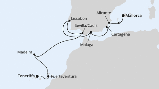Routenverlauf für Von Mallorca nach Teneriffa mit AIDAcosma am 18.11.23