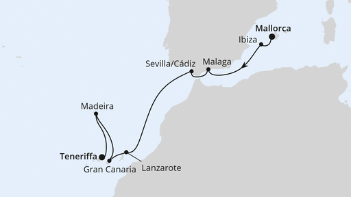 Routenverlauf für Von Mallorca nach Teneriffa mit AIDAcosma am 26.10.24 Routenverlauf für Von Mallorca nach Teneriffa mit AIDAcosma am 26.10.24