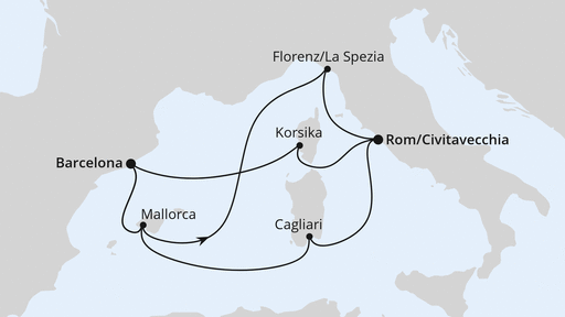 Routenverlauf für Spanien, Frankreich & Italien ab Barcelona 1 mit AIDAcosma am 30.05.25
