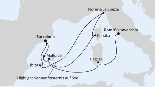 Routenverlauf für Spanien, Frankreich & Italien mit Sonnenfinsternis mit AIDAcosma am 07.08.26