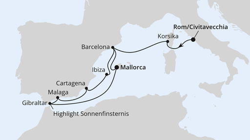 Routenverlauf für Sonnenfinsternis im Mittelmeer ab Civitavecchia mit AIDAcosma am 27.07.27