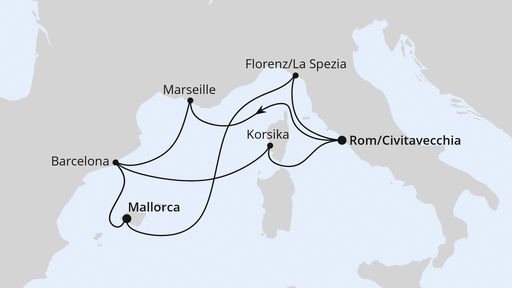 Routenverlauf für Spanien, Frankreich & Italien ab Civitavecchia mit AIDAcosma am 28.09.27