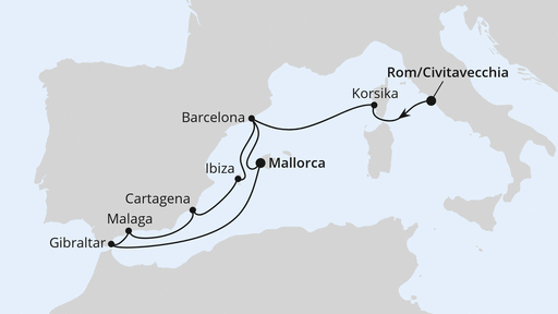 Routenverlauf für Spanien, Frankreich & Gibraltar ab Civitavecchia mit AIDAcosma am 19.10.27