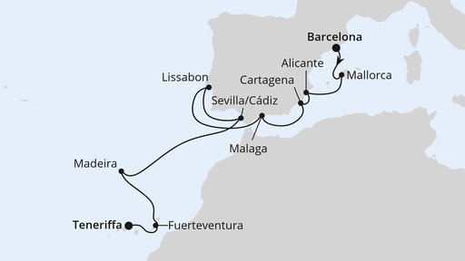 Routenverlauf für Von Barcelona nach Teneriffa mit AIDAcosma am 17.11.23 Routenverlauf für Von Barcelona nach Teneriffa mit AIDAcosma am 17.11.23