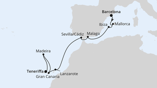 Routenverlauf für Von Barcelona nach Teneriffa mit AIDAcosma am 25.10.24 Routenverlauf für Von Barcelona nach Teneriffa mit AIDAcosma am 25.10.24