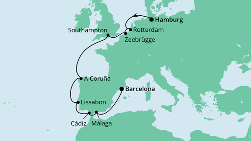 Routenverlauf für Taufreise von Hamburg nach Barcelona mit AIDAcosma am 09.04.22